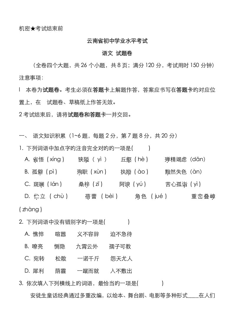 2023年云南省初中学业水平考试语文试题卷含答案