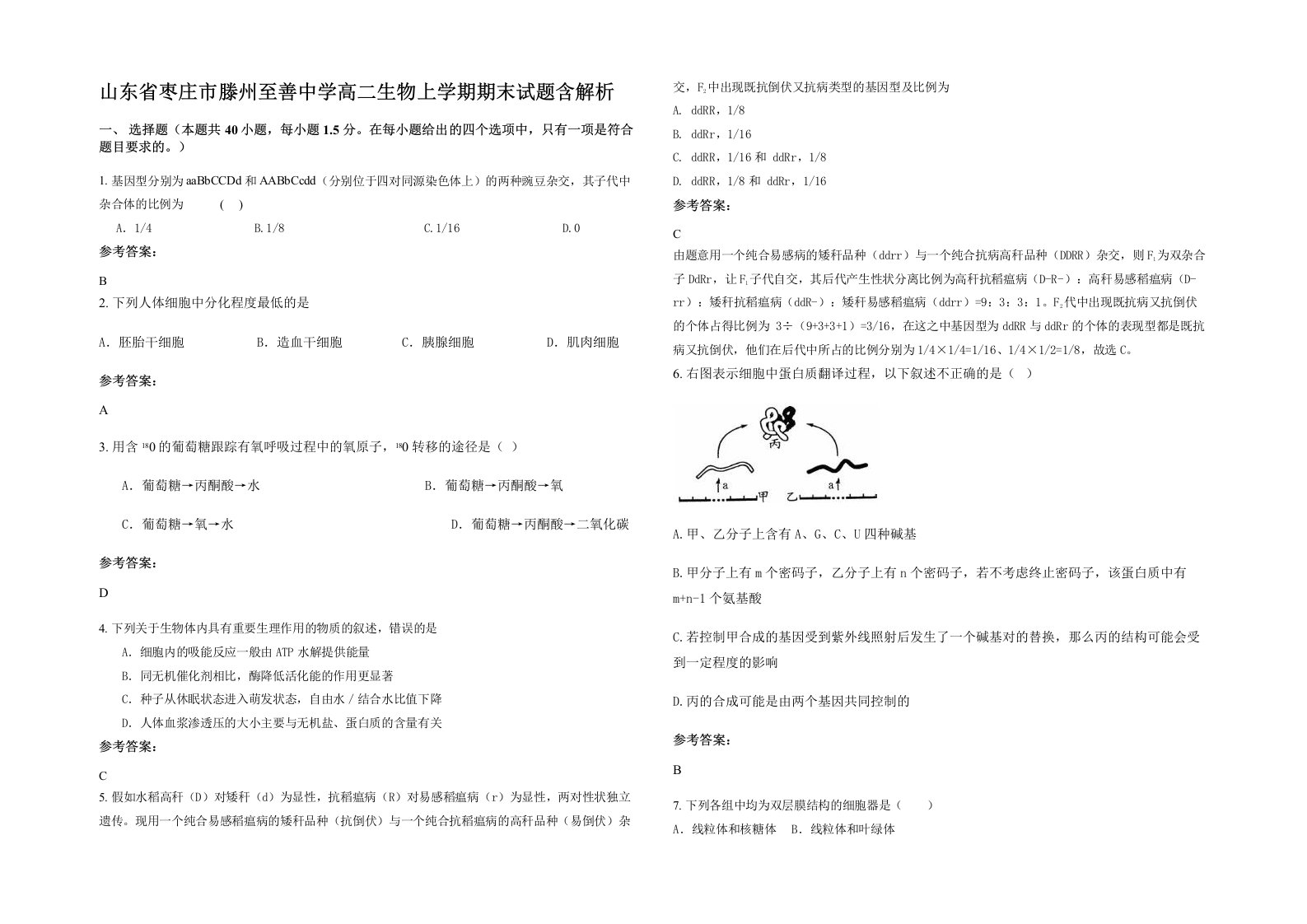 山东省枣庄市滕州至善中学高二生物上学期期末试题含解析