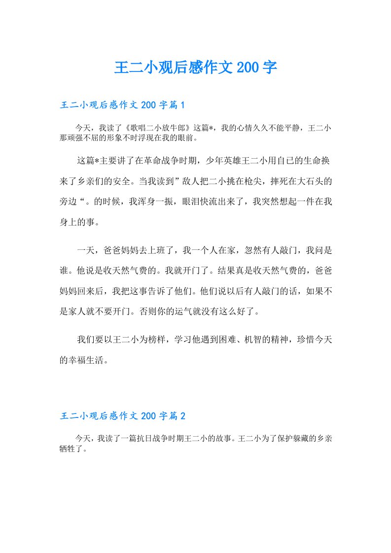 王二小观后感作文200字