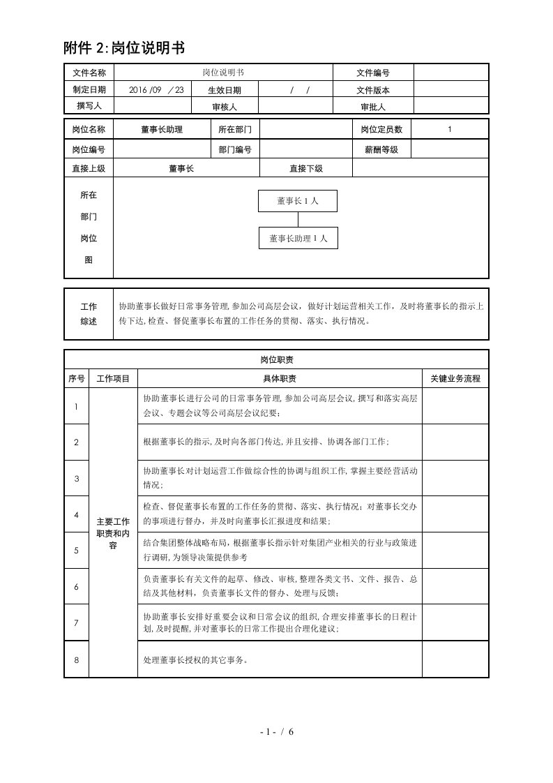 董事长助理岗位说明书