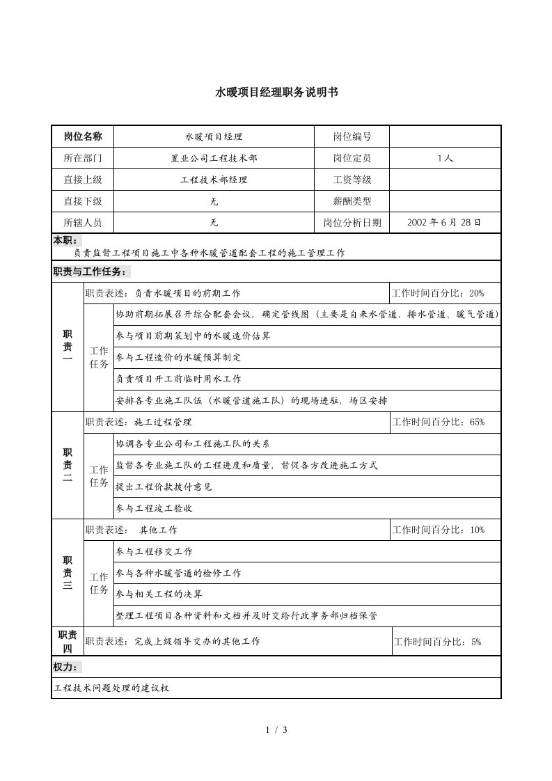 置业公司水暖项目经理职务说明书