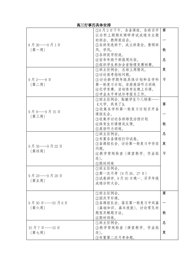 高三行事历具体安排