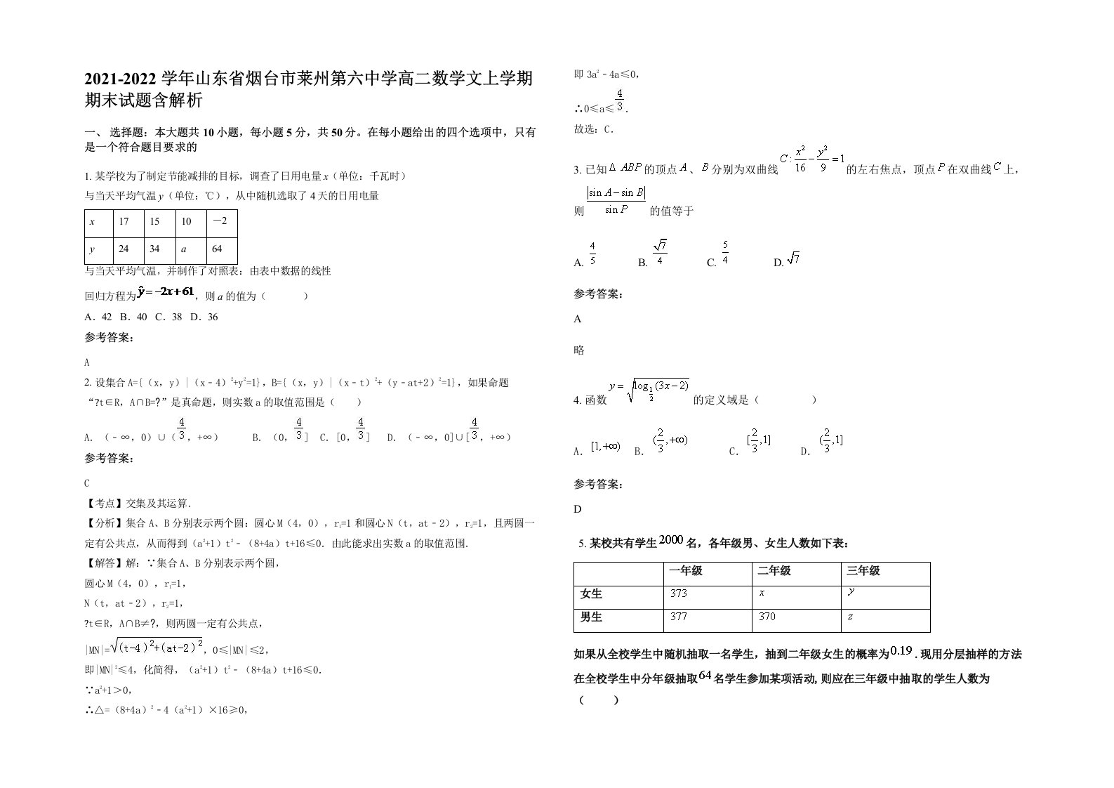 2021-2022学年山东省烟台市莱州第六中学高二数学文上学期期末试题含解析