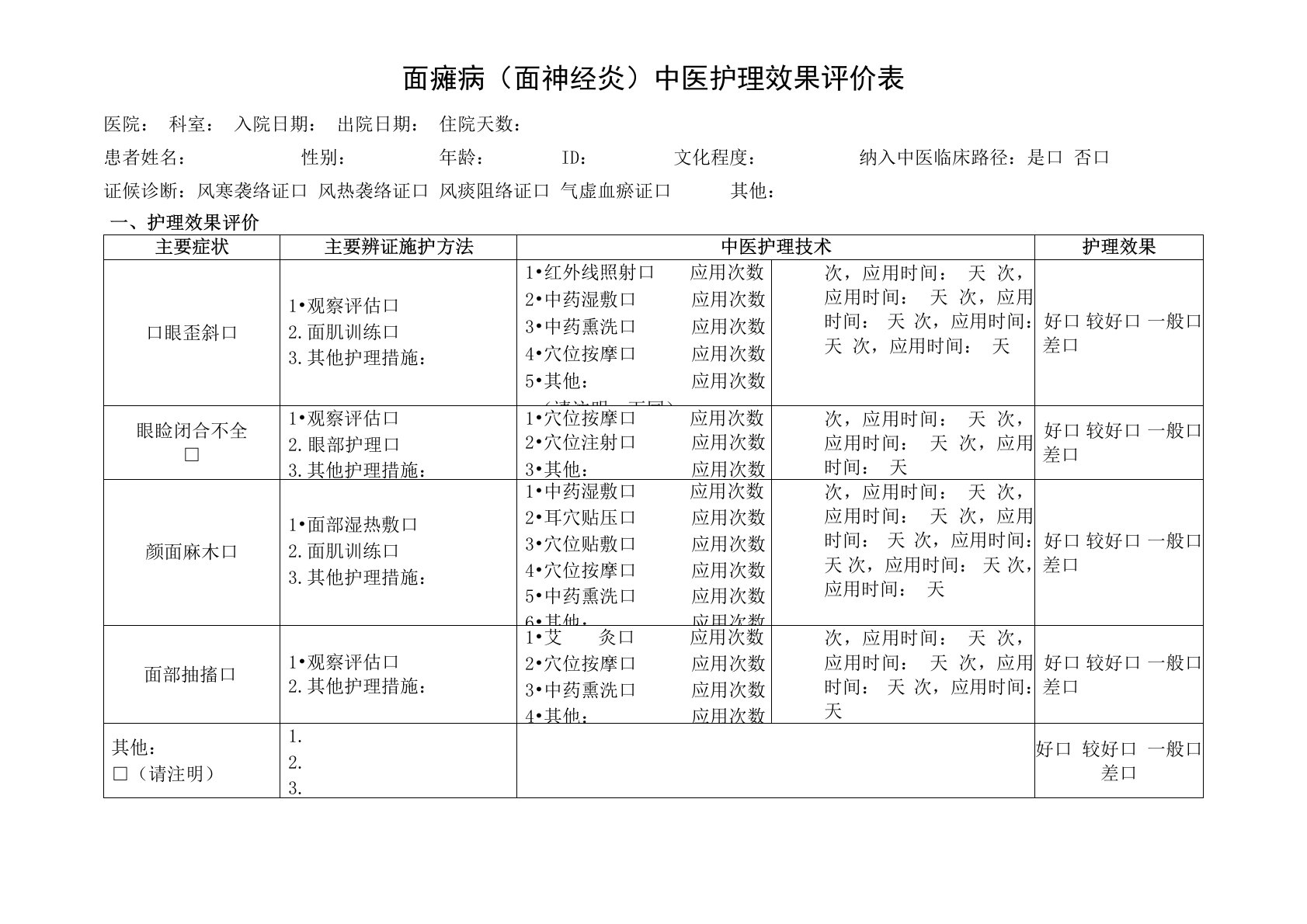 面瘫病中医护理效果评价表