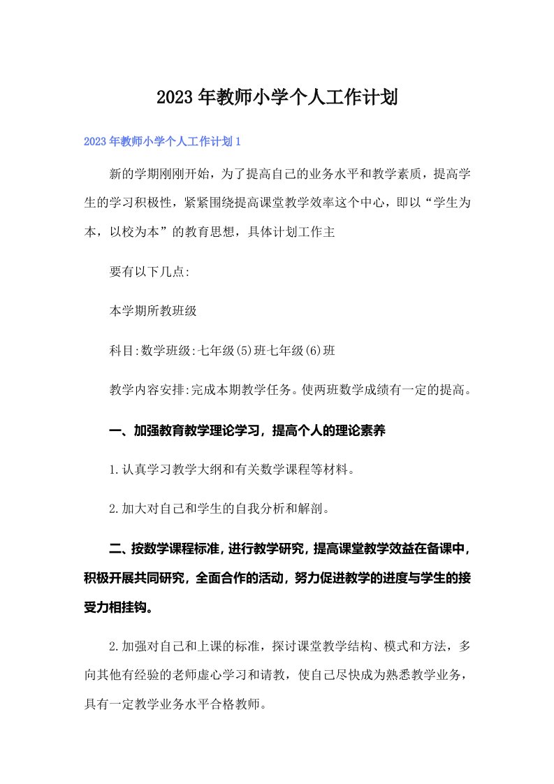 2023年教师小学个人工作计划