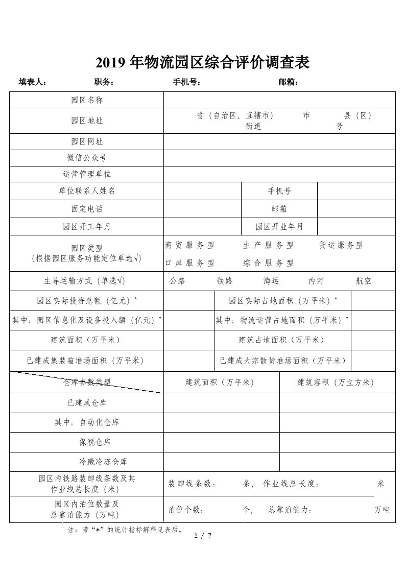 2019年物流园区综合评价调查表