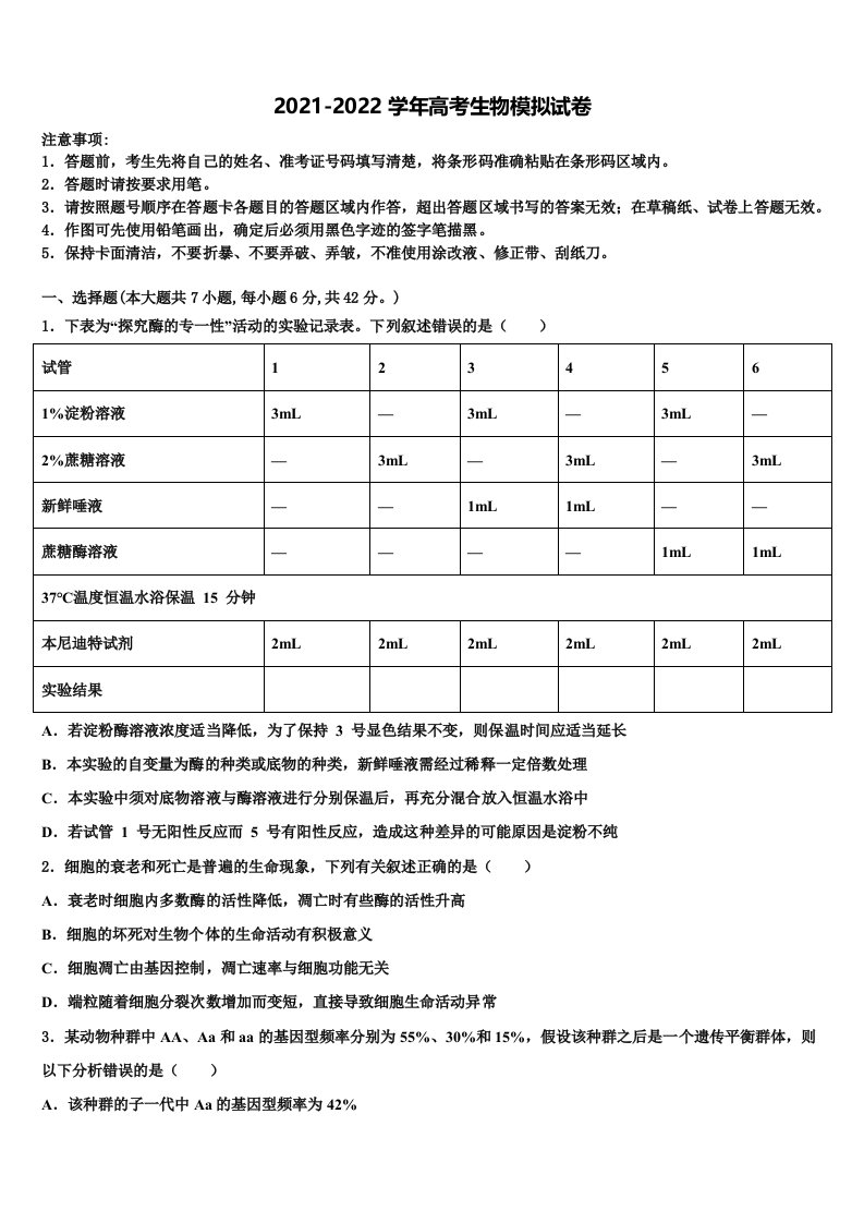 2022届北京市第五中学高三第一次调研测试生物试卷含解析