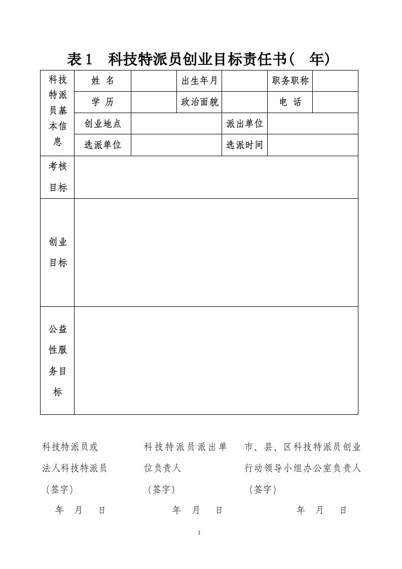 表1科技特派员创业目标责任书(年)