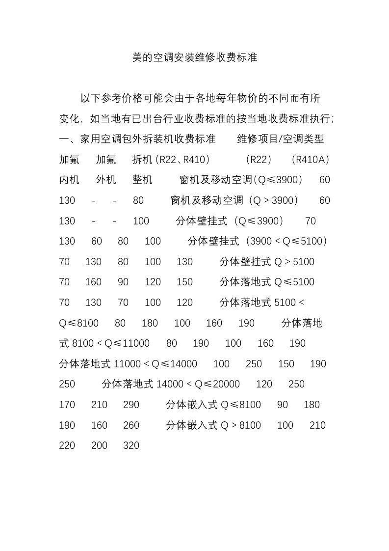 美的空调安装维修收费标准