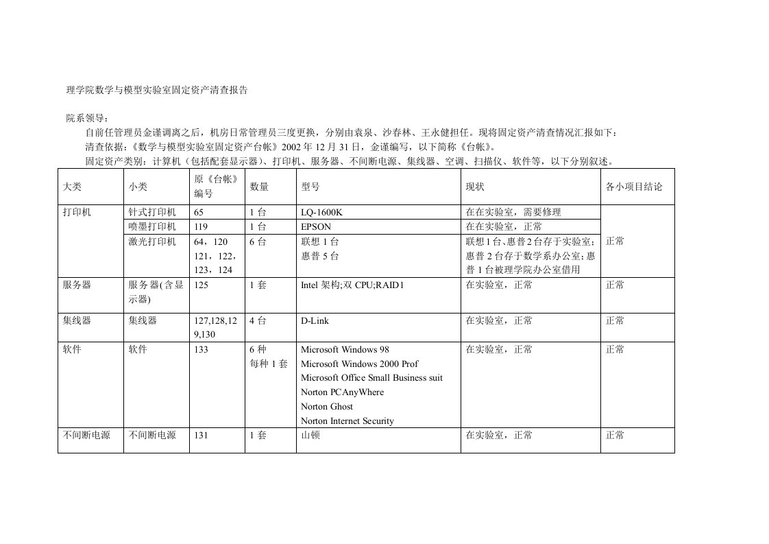 理学院数学与模型实验室固定资产清查报告