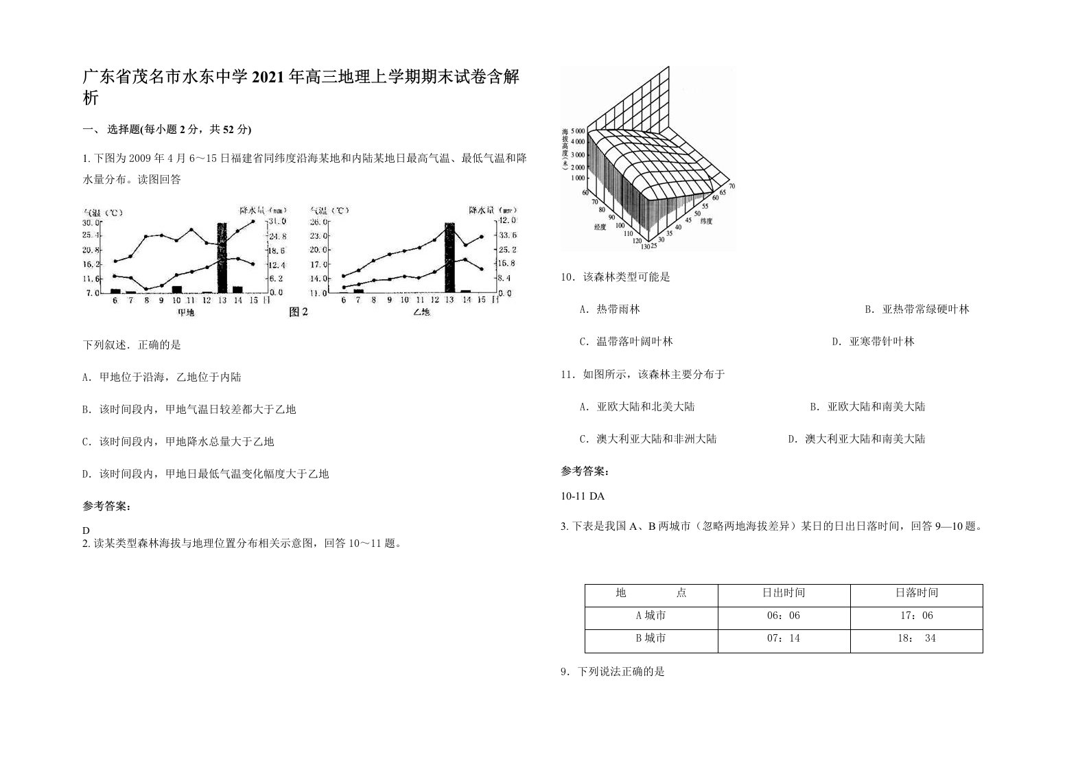 广东省茂名市水东中学2021年高三地理上学期期末试卷含解析