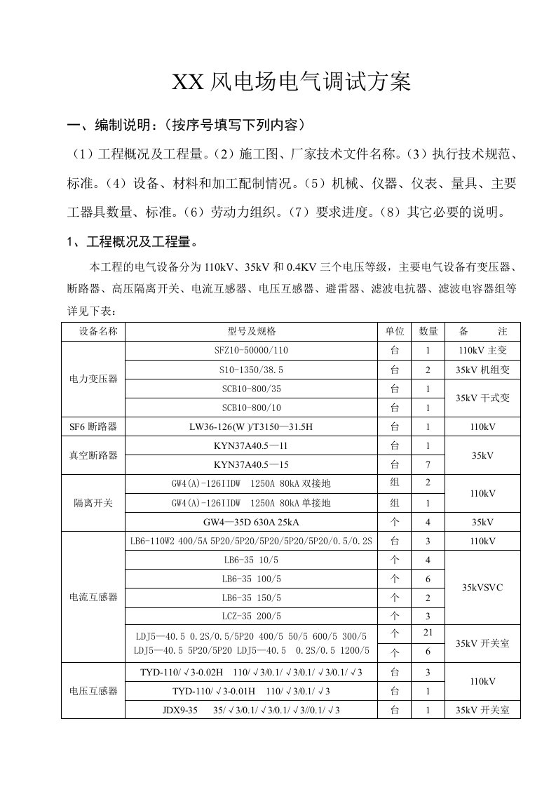 风电场电气调试方案要点