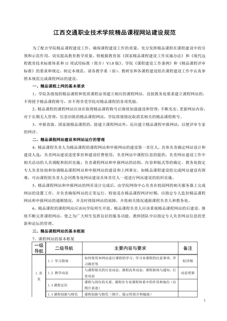 江西交通职业技术学院精品课程网站建设规范