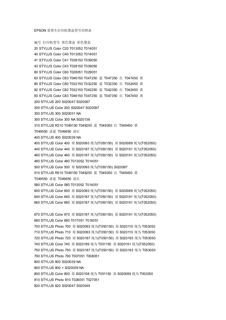 EPSON爱普生打印机墨盒型号对照表