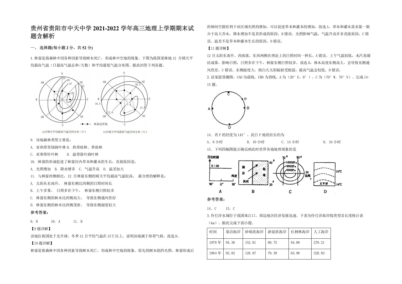 贵州省贵阳市中天中学2021-2022学年高三地理上学期期末试题含解析