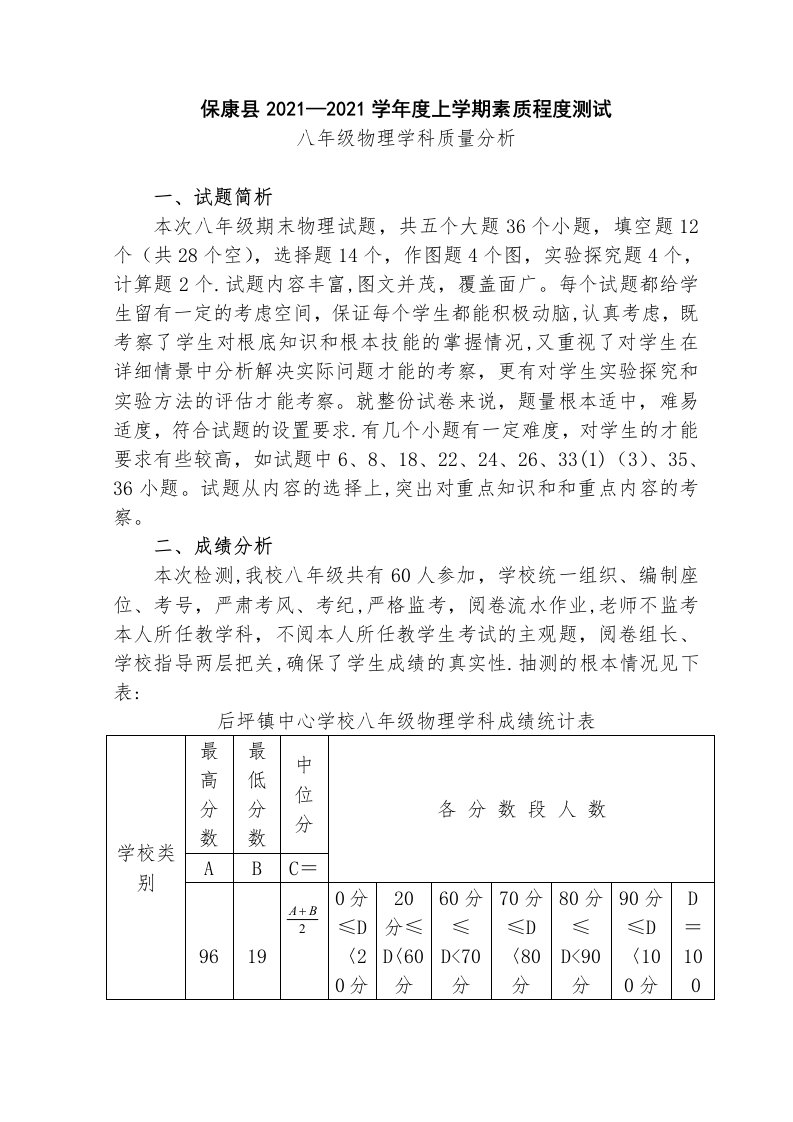 八年级物理质量分析