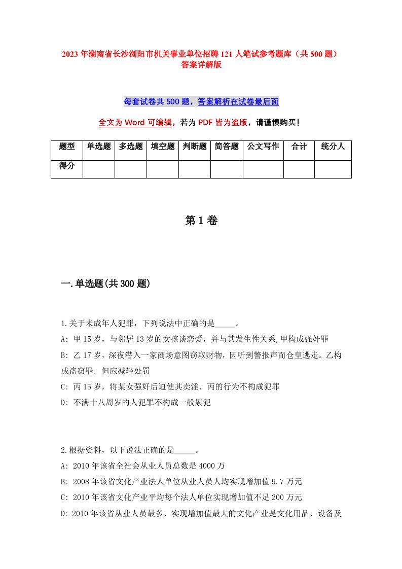 2023年湖南省长沙浏阳市机关事业单位招聘121人笔试参考题库共500题答案详解版