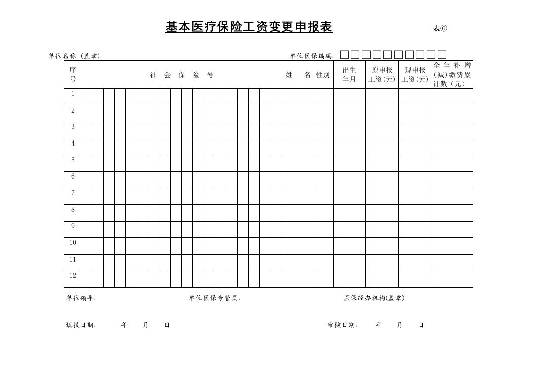 基本医疗保险工资变更申报表表⑥