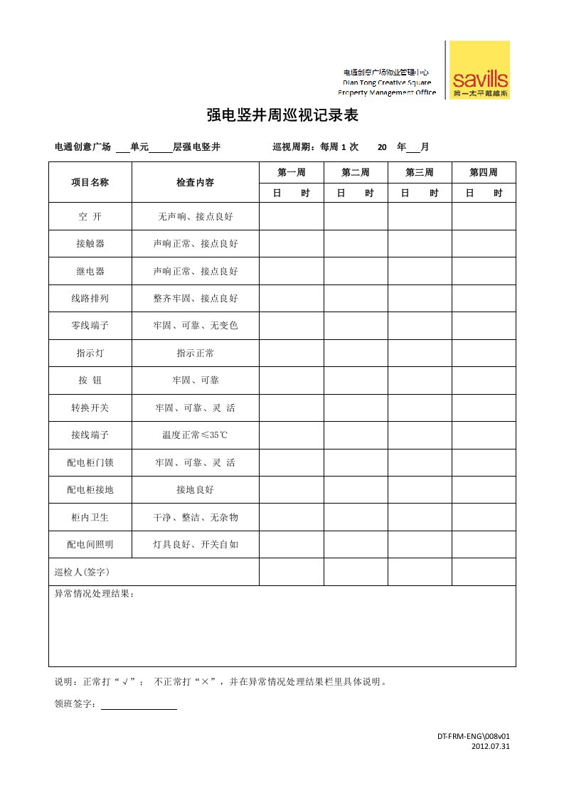 工程部表格008强电竖井周巡视记录表