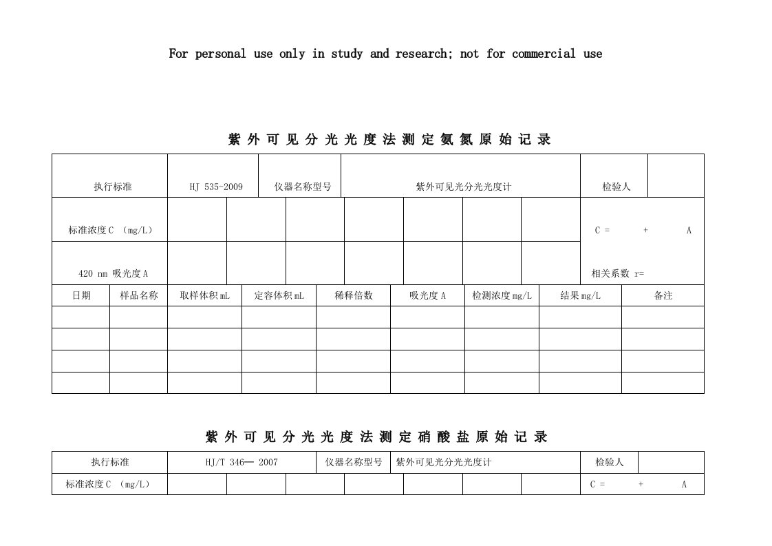 污水处理厂化验室原始记录表格