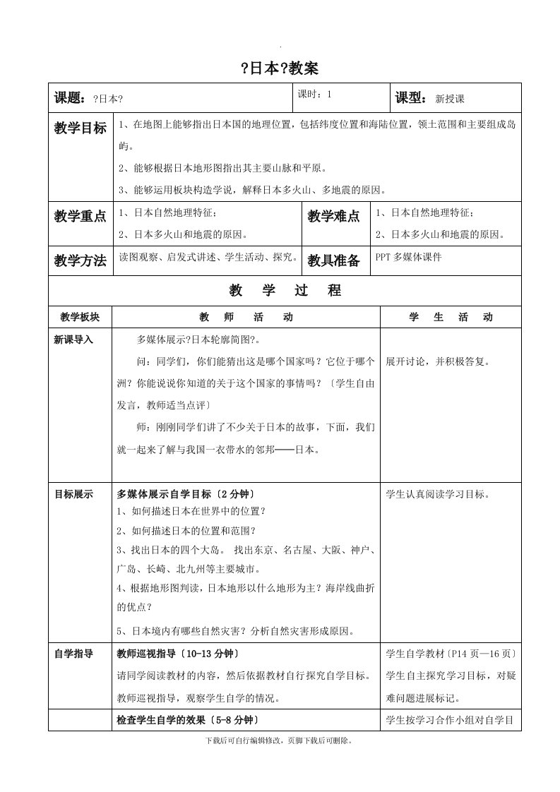 初中人教版地理七年级下册7.1《日本》教案1