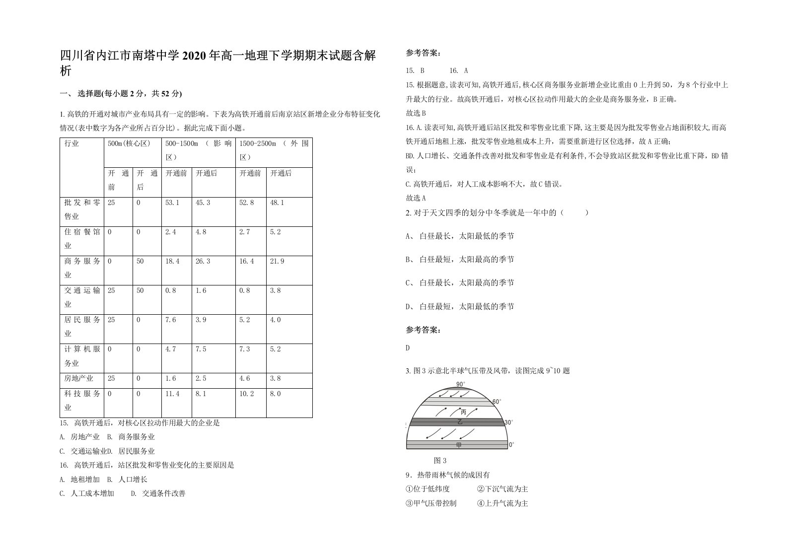 四川省内江市南塔中学2020年高一地理下学期期末试题含解析