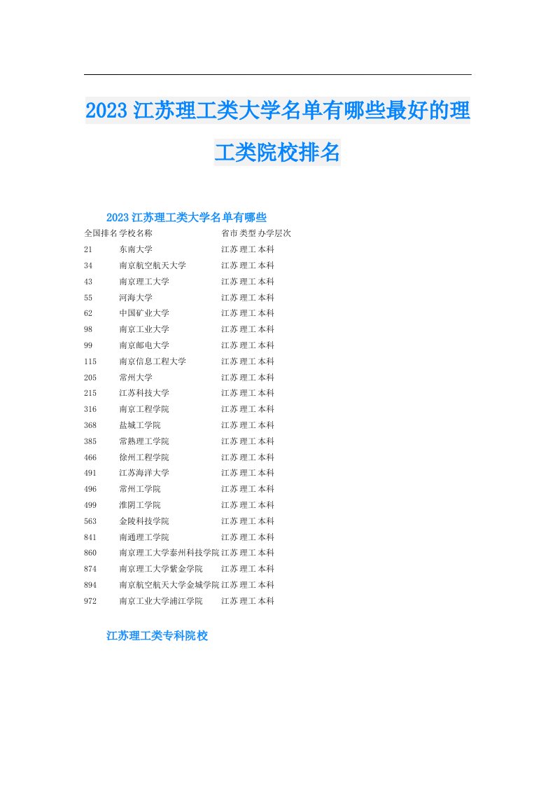 江苏理工类大学名单有哪些最好的理工类院校排名