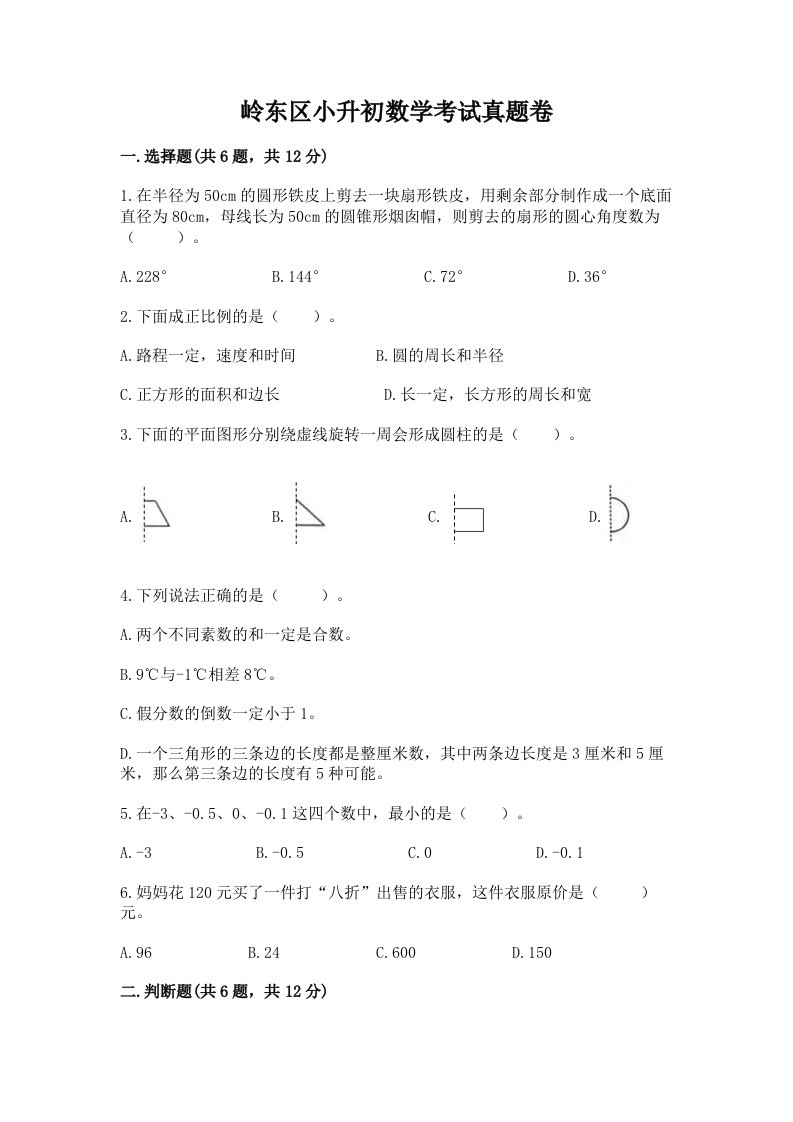 岭东区小升初数学考试真题卷完美版