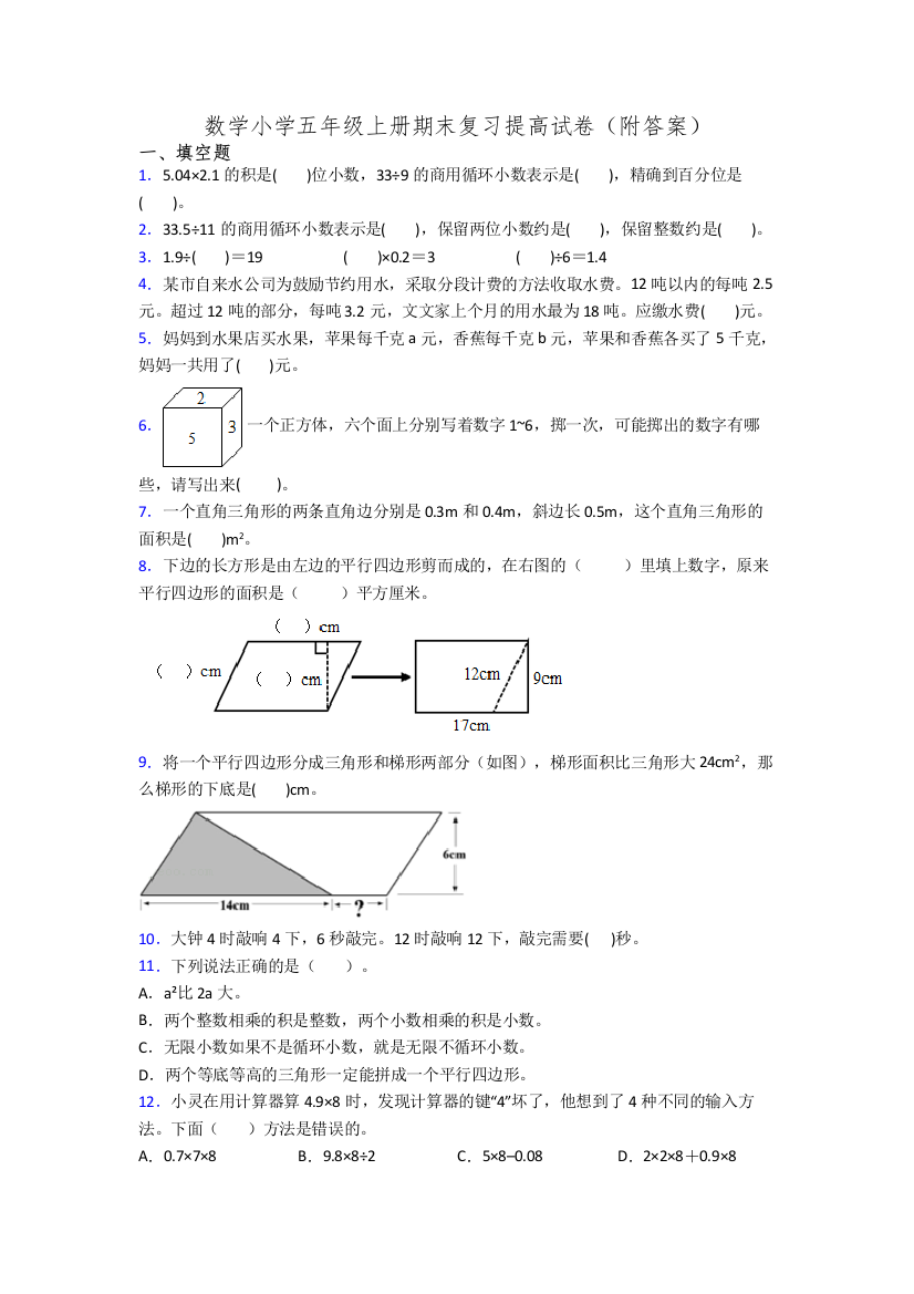 数学小学五年级上册期末复习提高试卷(附答案)