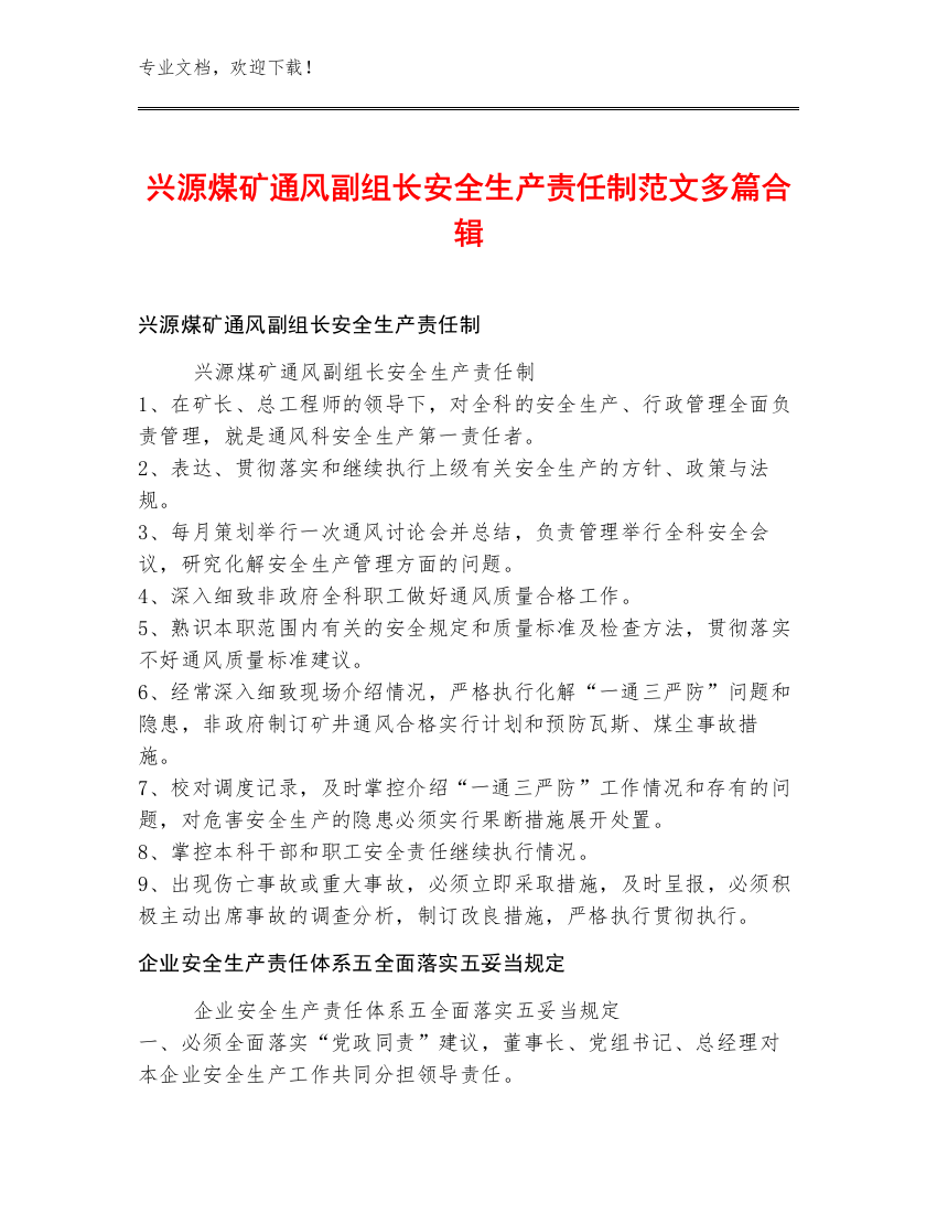 兴源煤矿通风副组长安全生产责任制范文多篇合辑