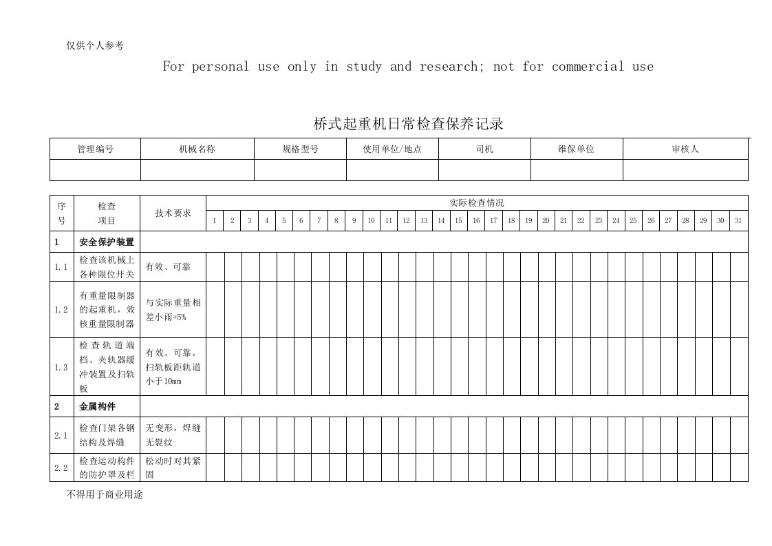 桥式起重机日常检查保养记录表