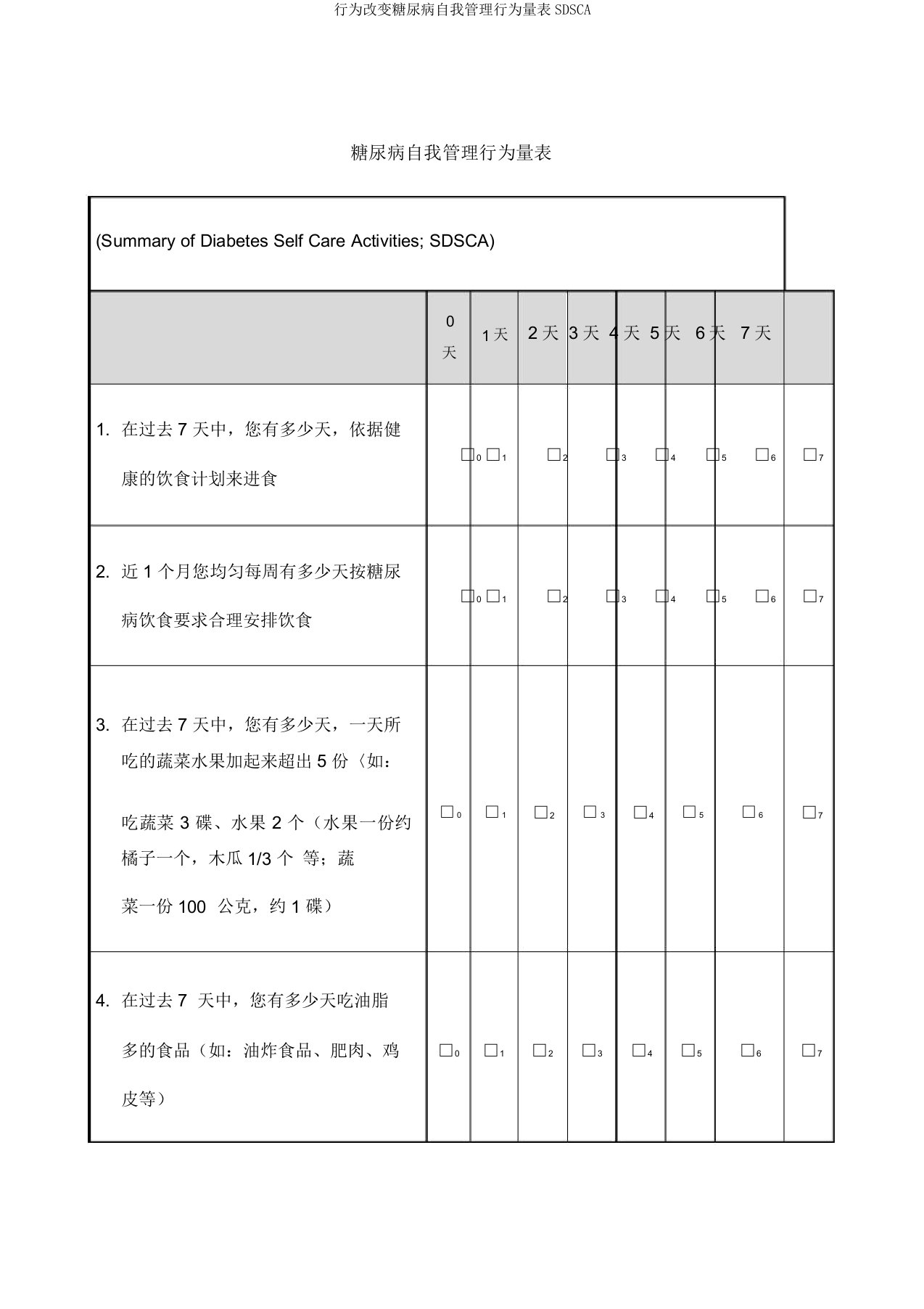 行为改变糖尿病自我管理行为量表SDSCA