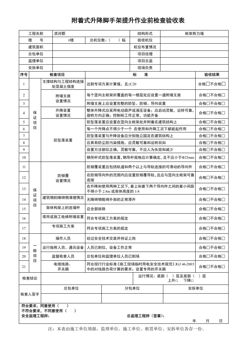 附着式升降脚手架提升作业前检查验收表