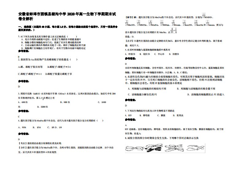 安徽省蚌埠市固镇县湖沟中学2020年高一生物下学期期末试卷含解析