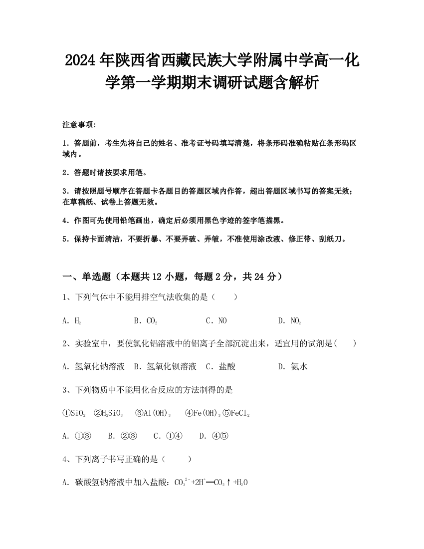 2024年陕西省西藏民族大学附属中学高一化学第一学期期末调研试题含解析