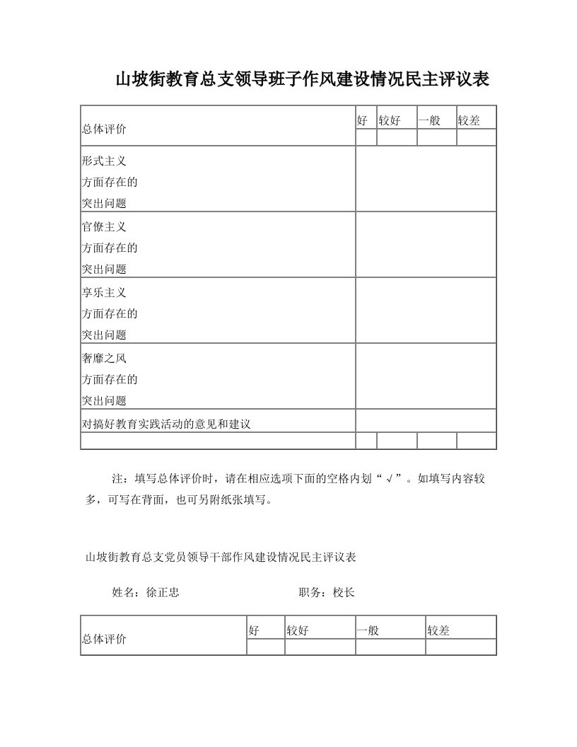 山坡总支领导班子、党员领导干部作风建设情况民主评议表