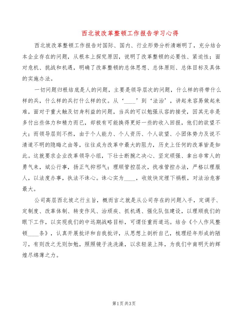 西北坡改革整顿工作报告学习心得