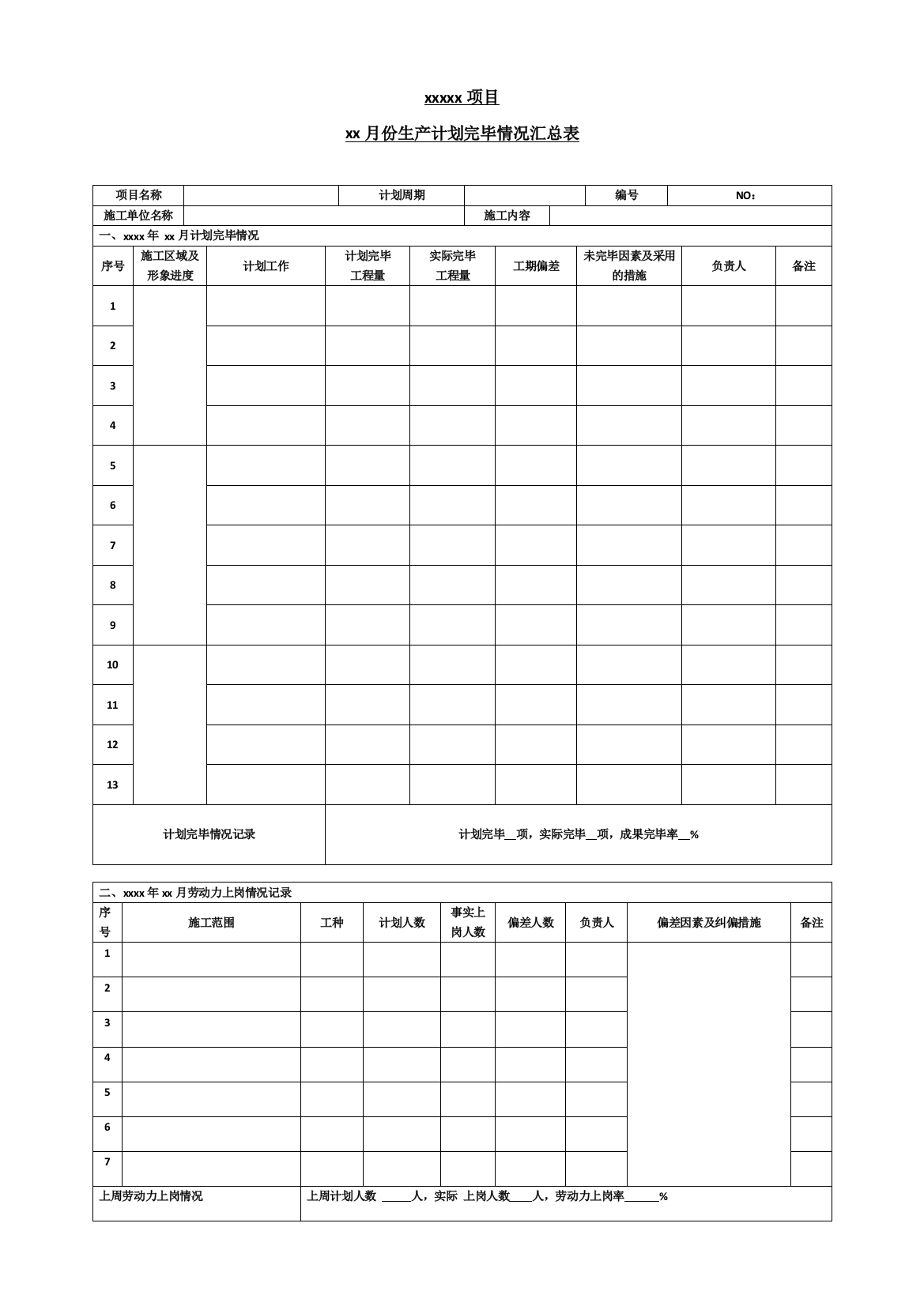 施工项目月报表格