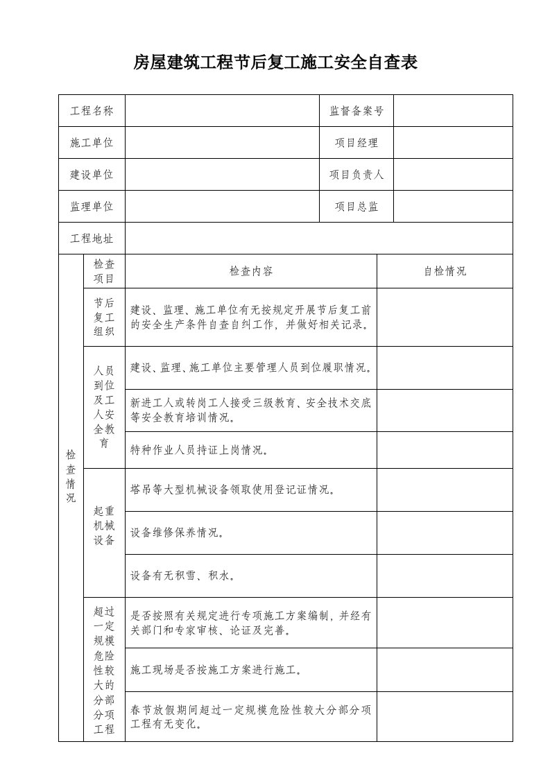 房屋建筑工程节后复工施工安全自查表