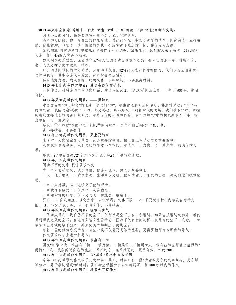 2013年全国高考作文题目大汇总