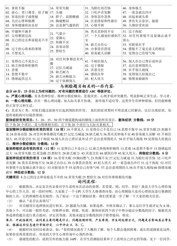 UPI大学生人格问卷ABC等级评定(细则)