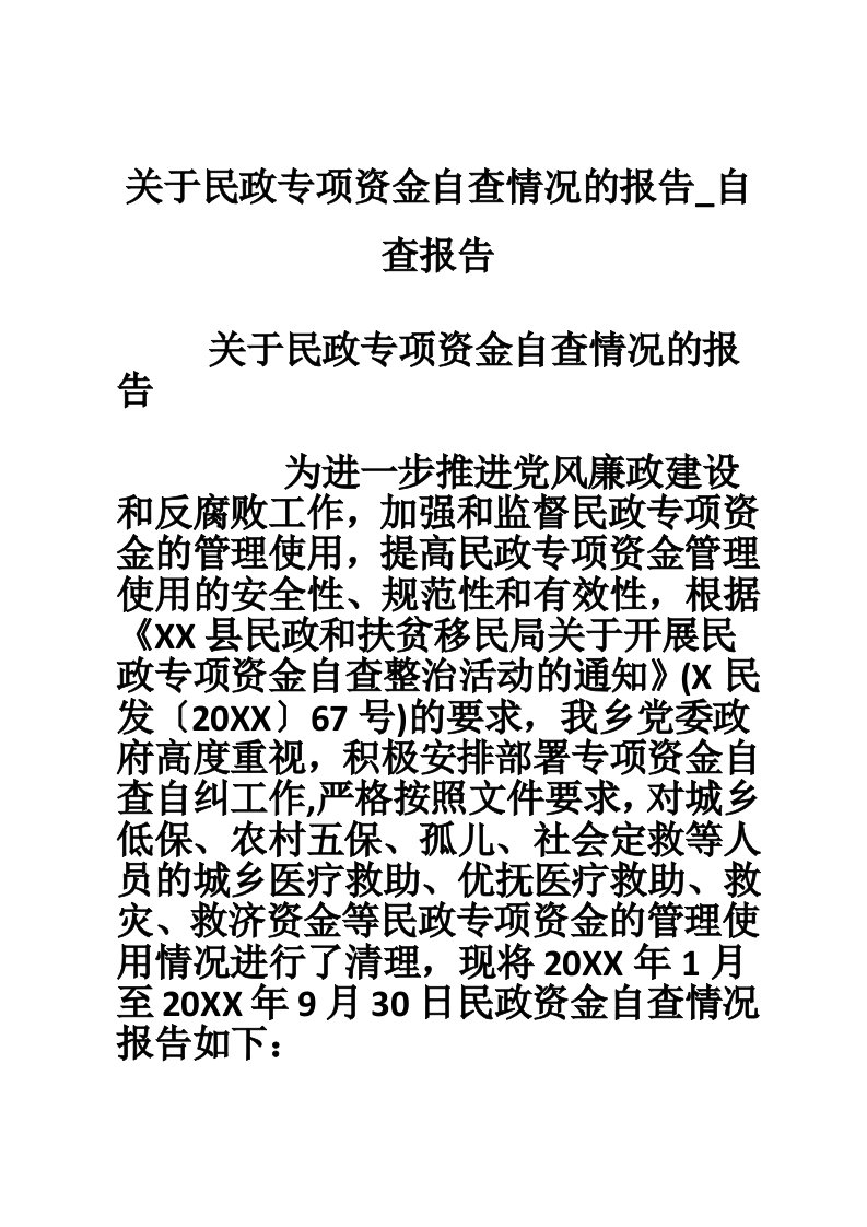 关于民政专项资金自查情况的报告