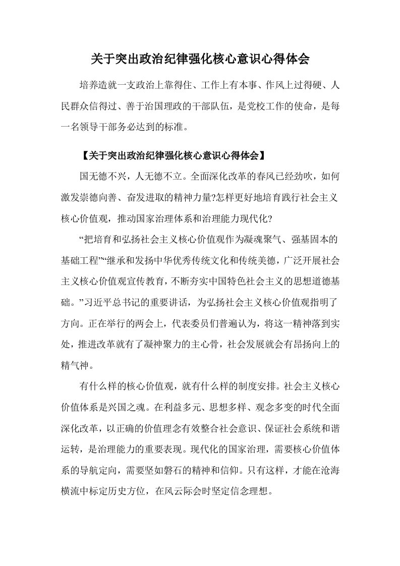 关于突出政治纪律强化核心意识心得体会