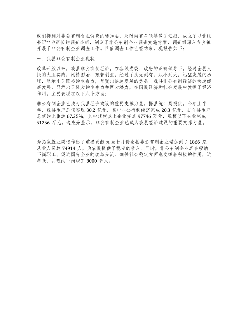 某县非公有制企业的调查报告