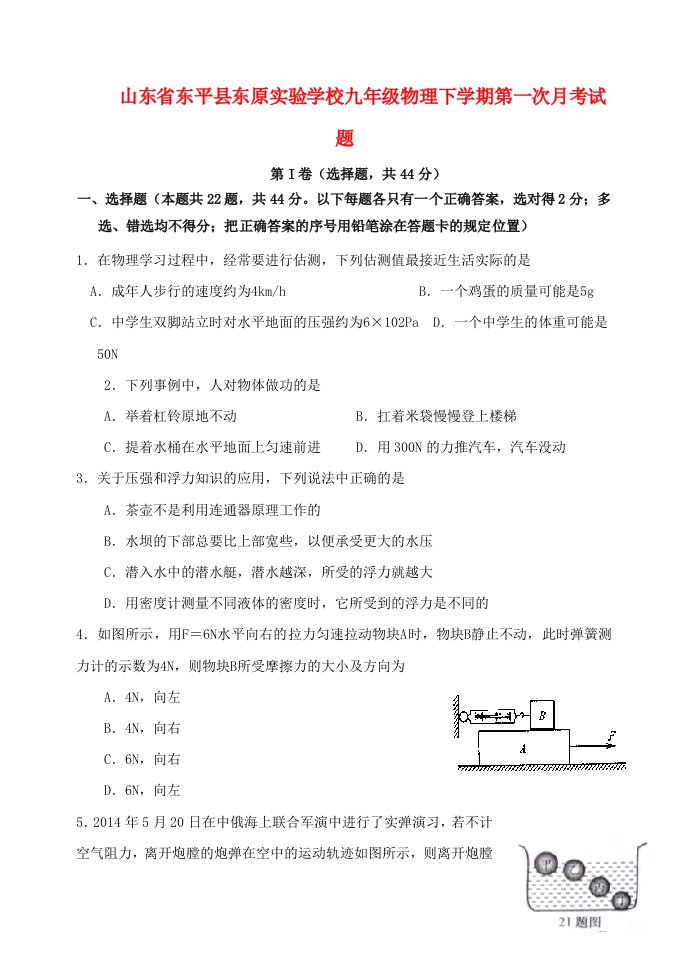 山东省东平县东原实验学校九级物理下学期第一次月考试题