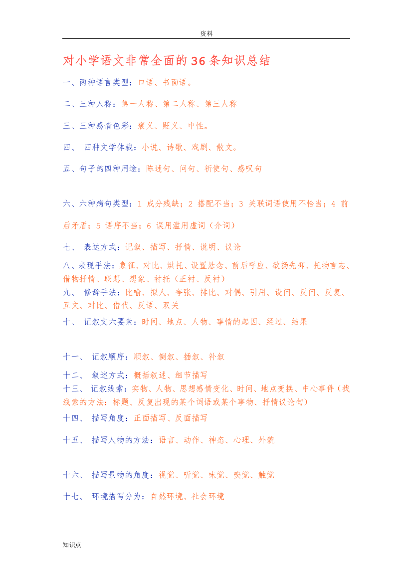 对小学语文非常全面的36条基础知识总结