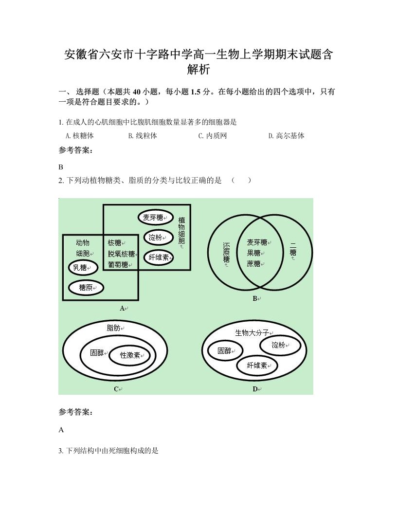 安徽省六安市十字路中学高一生物上学期期末试题含解析