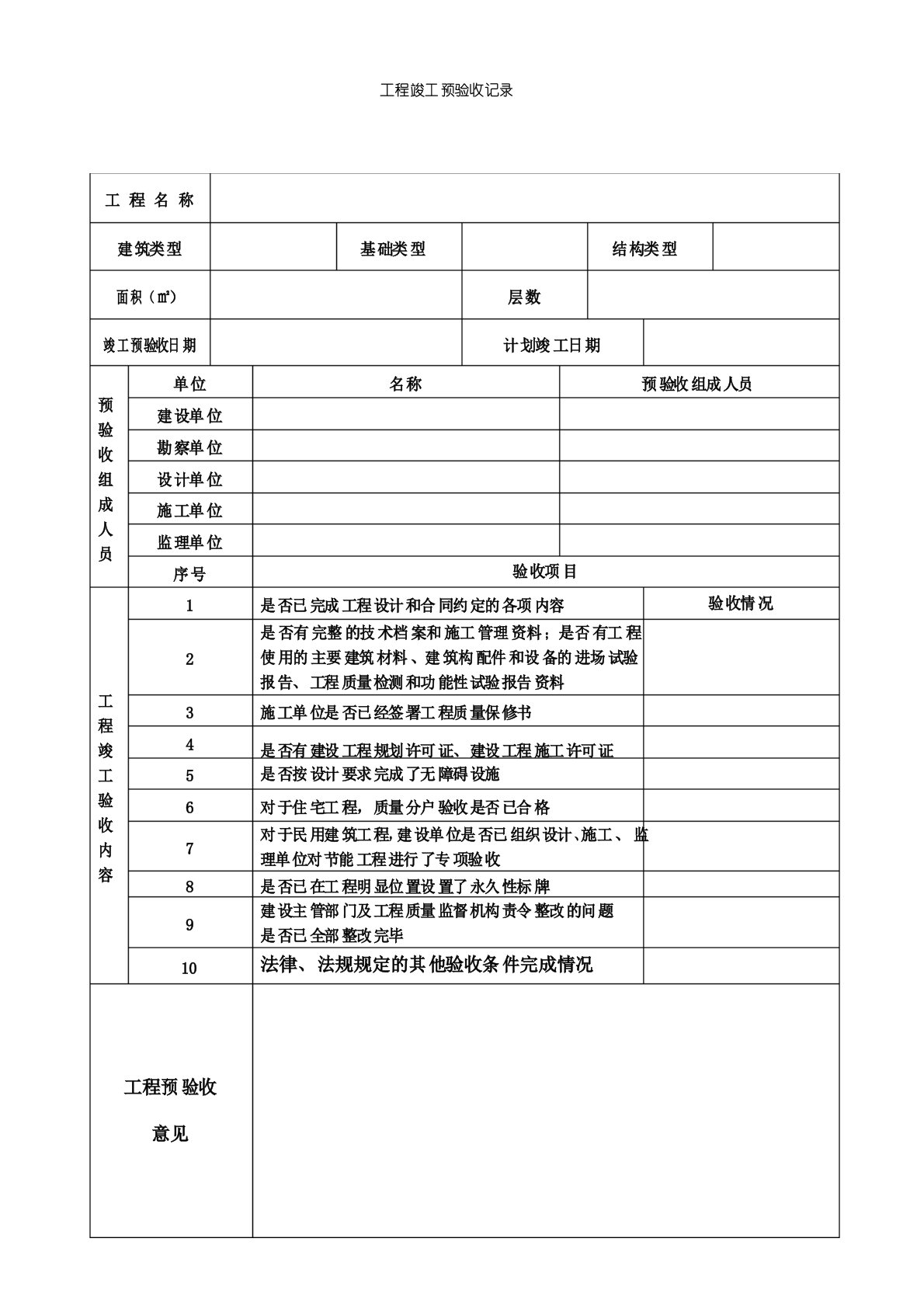 工程竣工预验收记录