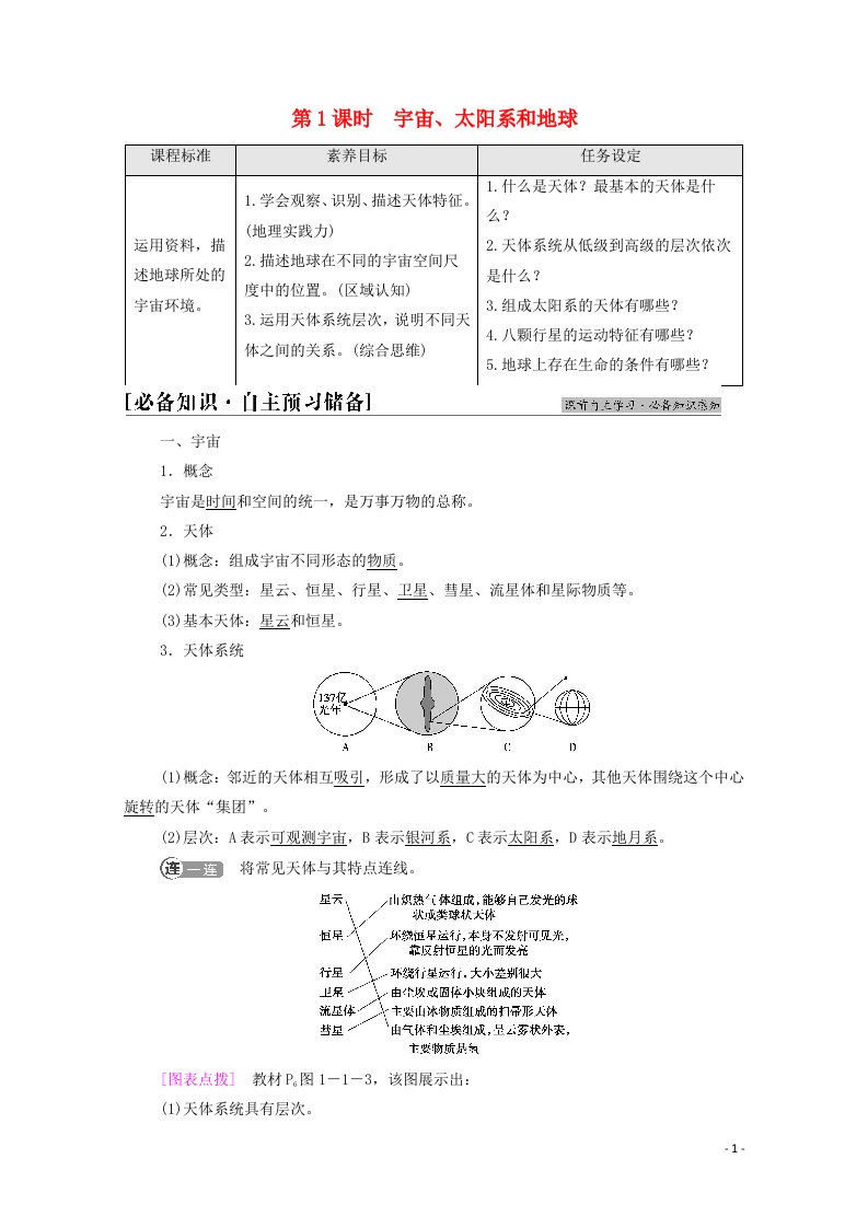 2021_2022学年新教材高中地理第1章宇宙中的地球第1节第1课时宇宙太阳系和地球学案中图版必修第一册20210611213