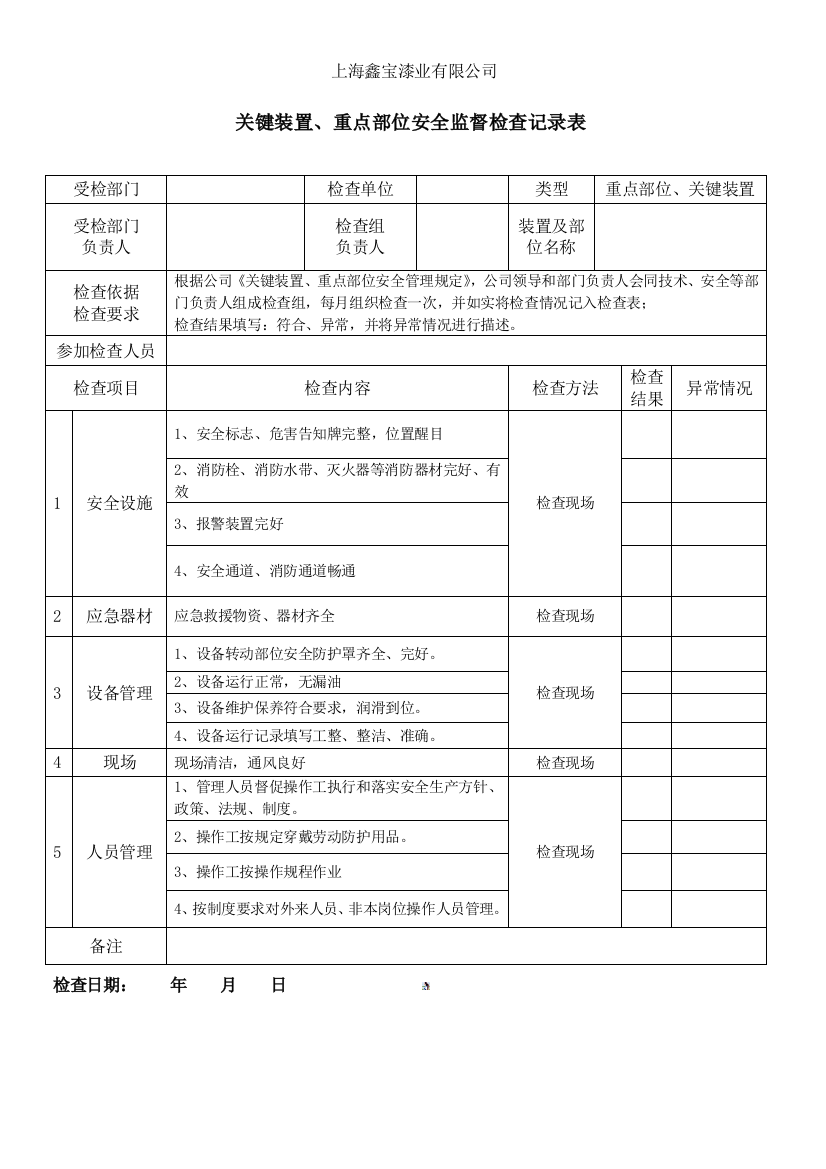 关键装置、重点部位安全监督检查记录表